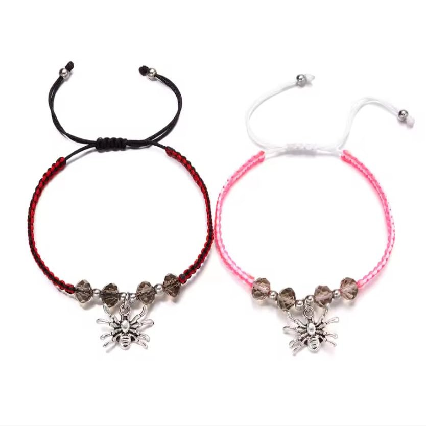 2 PCS Beads Bracelets For Women Men Handmade Braided Rope Couple Bracelet,Pink And Red,16-23cm