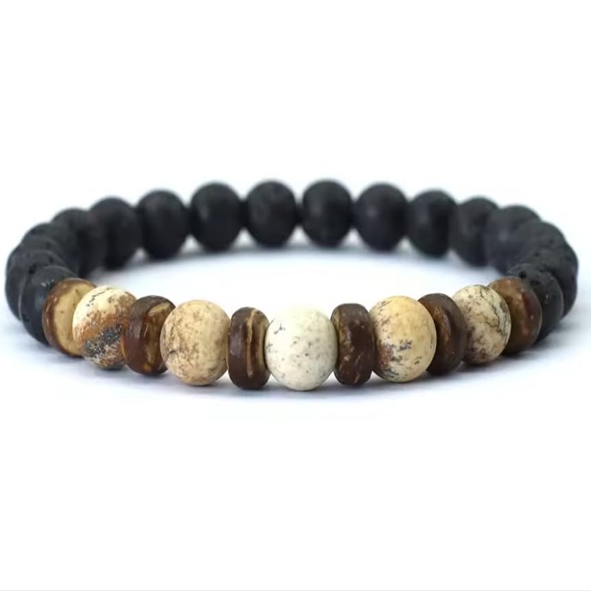 8mm Natural Wooden Bracelet For Men Volcanic Rock Braclet Gemstone Stretch Beaded Brazalete,fossil Stone,19cm