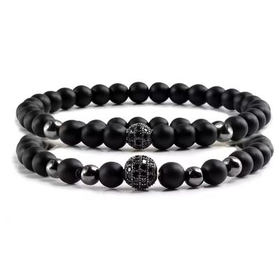 2pcs/set Bracelet Men 6mm Natural Black Matte Stone Micro-inlaid Zircon Ball Beaded Bracelets For Women Yoga,black,19cm