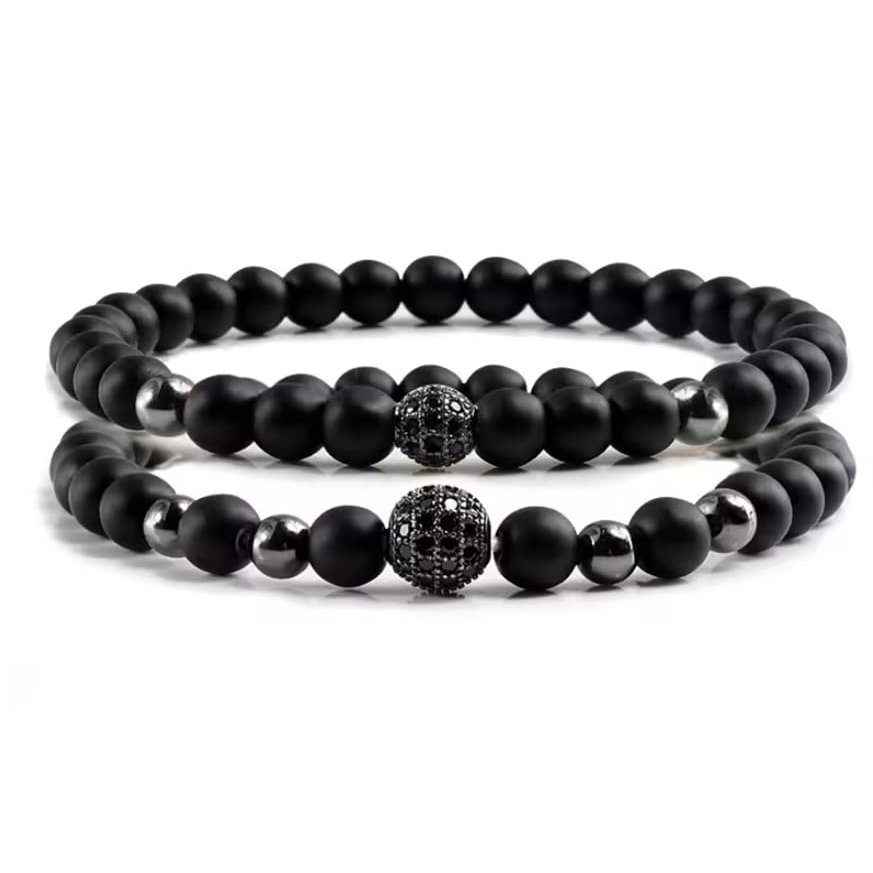 2pcs/set Bracelet Men 6mm Natural Black Matte Stone Micro-inlaid Zircon Ball Beaded Bracelets For Women Yoga,black,19cm