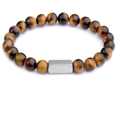 8mm Natural Stone Bracelet Stainless Steel Spacer Beaded Elastic Bracelet For Men,tiger Eye,19cm