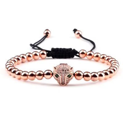 Leopard Head Bracelet 5mm Copper Beads Pave Adjustable Braided Men Bracelets & Bangle For Women,rose Gold,17-29cm