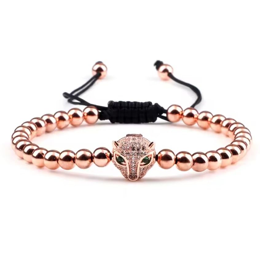 Leopard Head Bracelet 5mm Copper Beads Pave Adjustable Braided Men Bracelets & Bangle For Women,rose Gold,17-29cm
