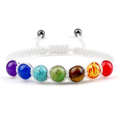 7 Chakra Yoga Beaded Bracelet Natural Stones Beads Braided Adjustable Bangle,white,17-29cm