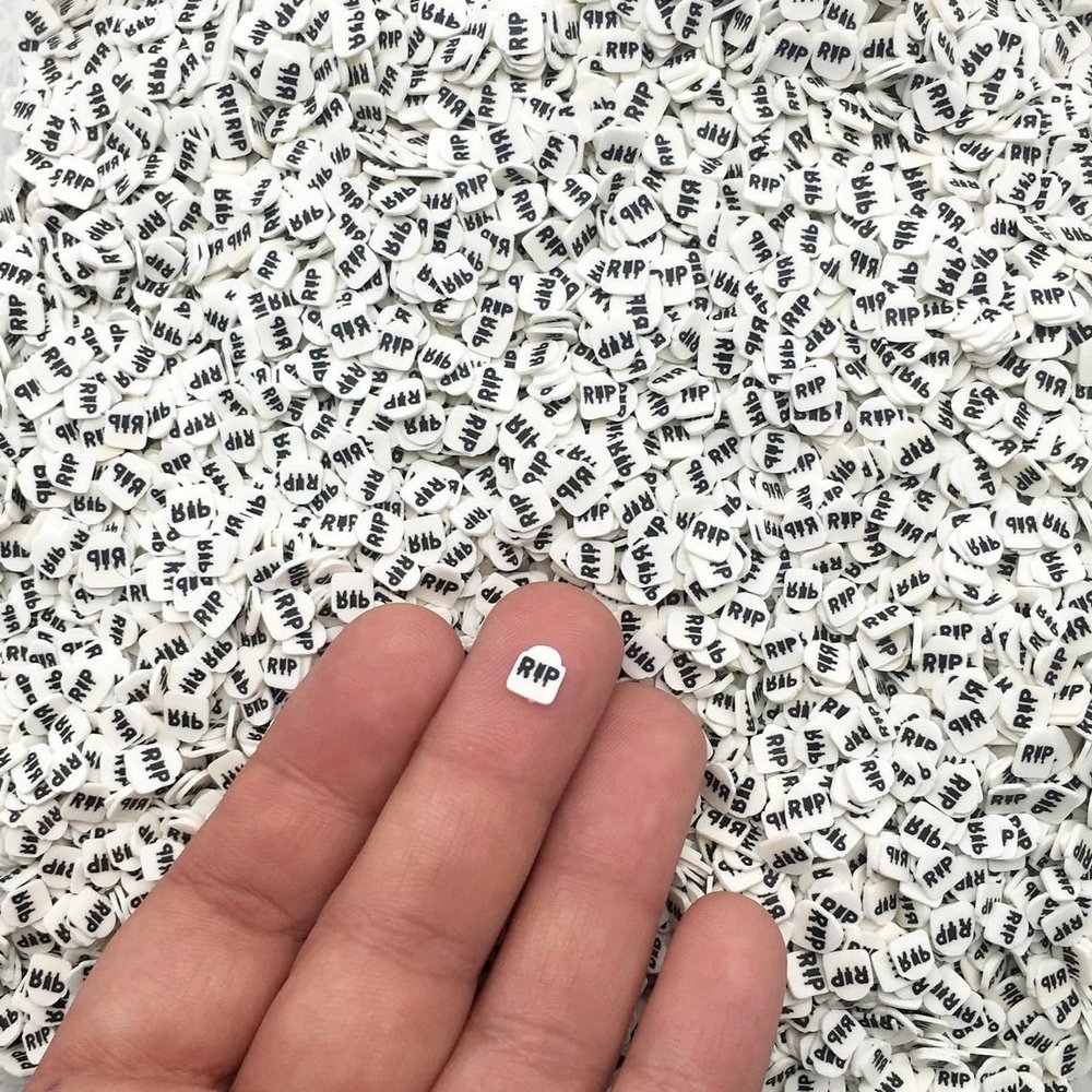 RIP Halloween Tombstone Polymer Clay Sprinkles, Small Spooky Fake Gravestone Confetti for Crafts, Non Edible Faux Sprinkles (15 gram bag)