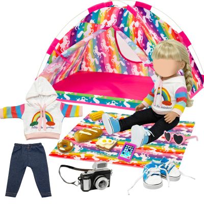12 Piece 18 inch Girl Dolls Camping Tent Set Clothes and Accessories Including 18 Inch Doll Camping Tent Doll Cothes Hose Shoes Picknickdecke Brille Kamera Mobiltelefon Brot Mais Donuts Toast