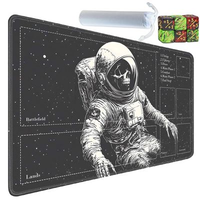 Yuxcfhjfe for MTG Card Playmat with Zones-Includes A Storage Bag and 6 Dice, 24 x 14 inches for TCG Playmat with Non-Slip Rubber, Game Mat, Astronaut Skeleton
