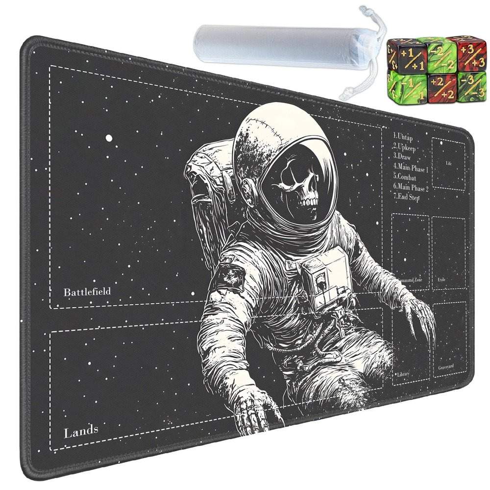 Yuxcfhjfe for MTG Card Playmat with Zones-Includes A Storage Bag and 6 Dice, 24 x 14 inches for TCG Playmat with Non-Slip Rubber, Game Mat, Astronaut Skeleton