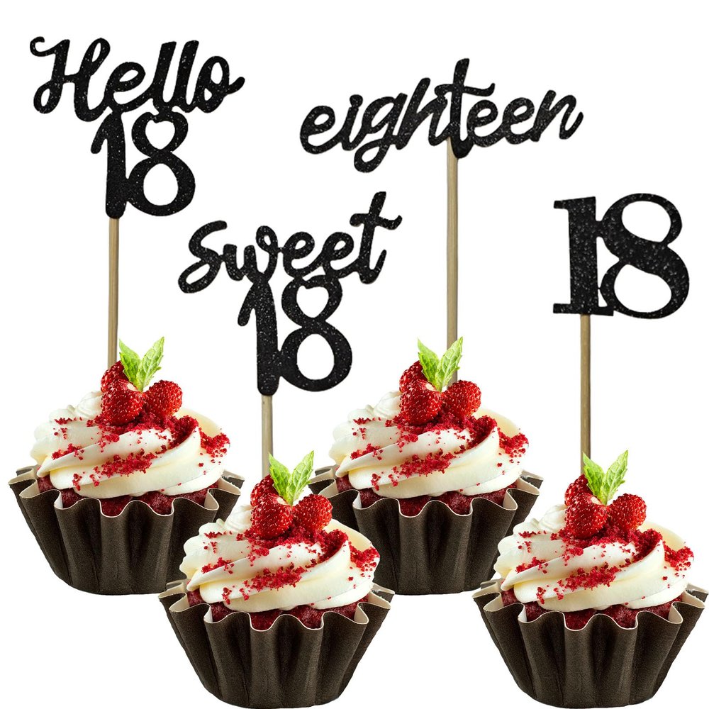 12 Pcs 18th Birthday Cupcake Toppers Black Glitter Sweet 18 Cupcake Picks for Cheers to 18 Years Birthday Party Cupcake Decorations Supplies