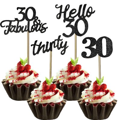 12 Pcs Happy 30th Birthday Cupcake Toppers Glitter Thirty Cupcake Picks Black 30 Fabulous Cake Decorations for Men Women 30th Birthday Party Supplies