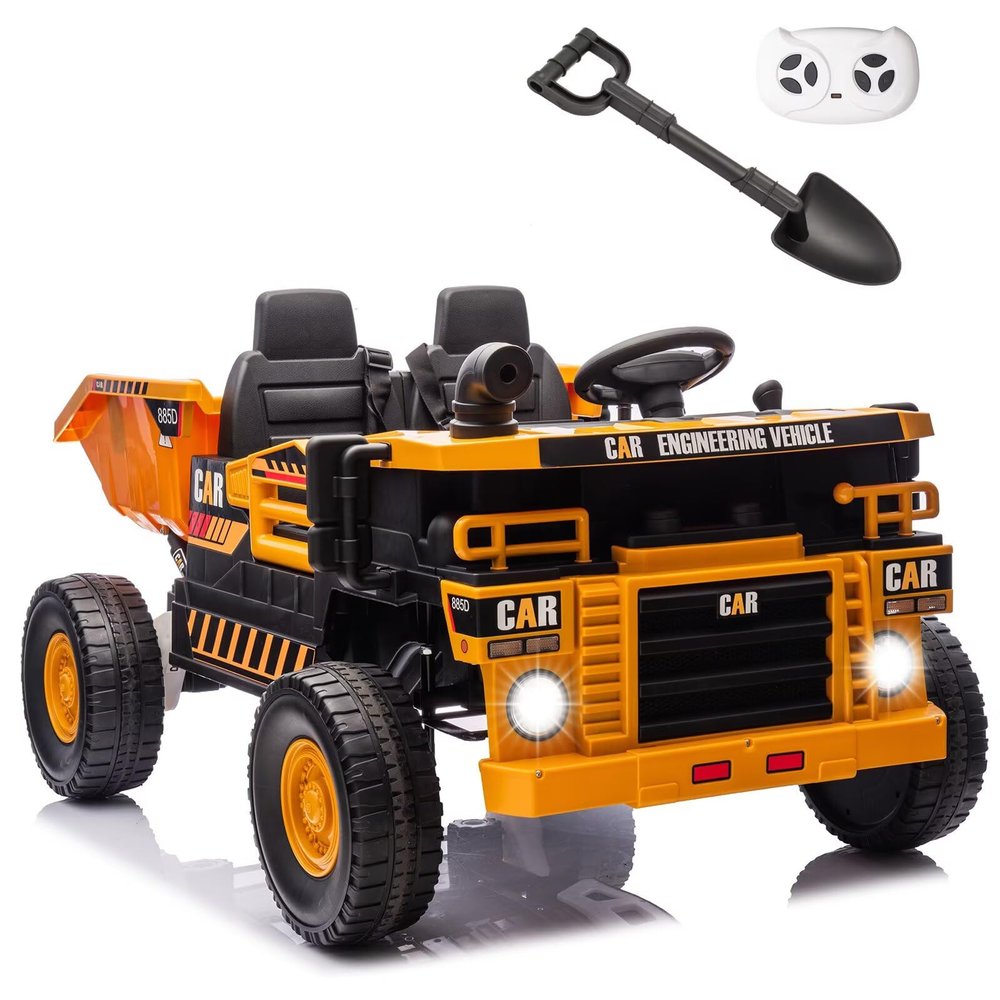 12V XL Ride on Dump Truck with Electric Dump Bed, Kids Electric Car with Remote Control and Shovel, 2 Seater Ride on Cars with Bluetooth, Music Player, Soft Start for Boys & Girls Ages 3+