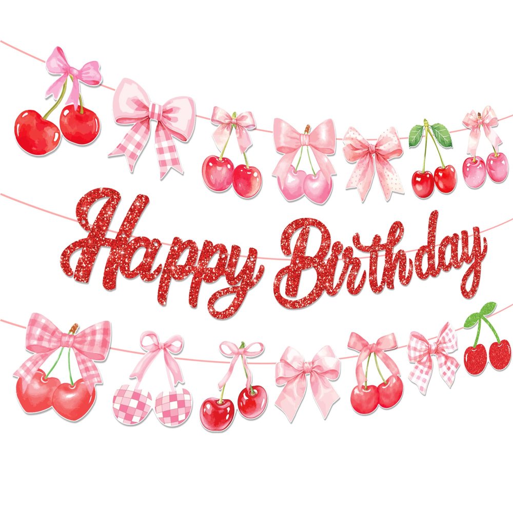 3Pcs Pink Cherry Happy Birthday Banners Cherry Theme Banner Bow Birthday Party Banner Sign for Summer fruit Baby Shower Partys Supplies