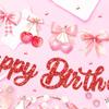 3Pcs Pink Cherry Happy Birthday Banners Cherry Theme Banner Bow Birthday Party Banner Sign for Summer fruit Baby Shower Partys Supplies view 3