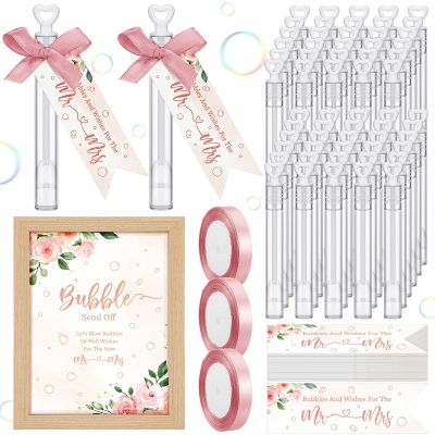 405 Pcs Wedding Send Off Bubble Ideas Set Include Heart Bubble Wands Gift Tags Cards Wood Photo Frame Ribbons Wedding Send Off Party Favors for Guests(Rose Pink)