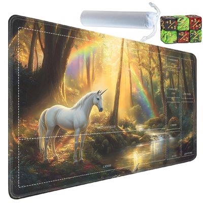 Yuxcfhjfe for MTG/TCG Playmat with Zones, 24 x 14 inches Trading Card Playmat with A Storage Bag and 6 Dice, Non-Lip Rubber Bottom Game Desk Mat, Fantasy Unicorns