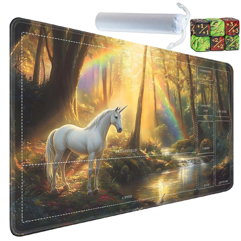 Yuxcfhjfe for MTG/TCG Playmat with Zones, 24 x 14 inches Trading Card Playmat with A Storage Bag and 6 Dice, Non-Lip Rubber Bottom Game Desk Mat, Fantasy Unicorns
