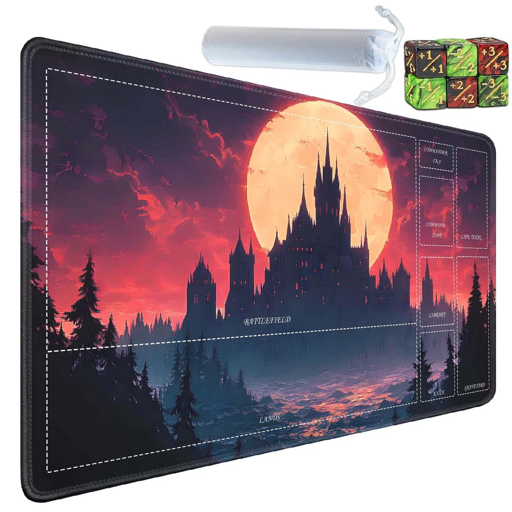 Yuxcfhjfe for MTG/TCG Playmat with Zones, 24 x 14 inches Trading Card Playmat with A Storage Bag and 6 Dice, Non-Lip Rubber Bottom Game Desk Mat, Castle Under The Blood Moon