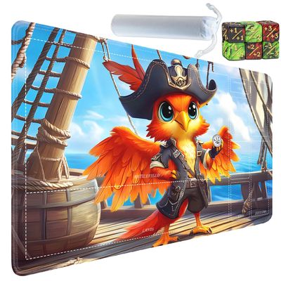 Yuxcfhjfe for MTG/TCG Playmat with Zones, 24 x 14 inches Trading Card Playmat with A Storage Bag and 6 Dice, Non-Lip Rubber Bottom Game Desk Mat, Pirate Bird on Wooden Boat