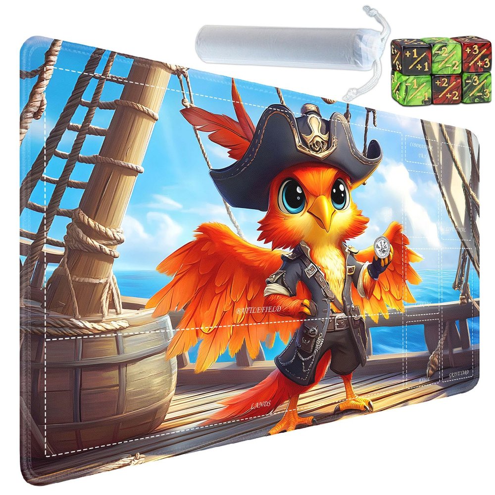 Yuxcfhjfe for MTG/TCG Playmat with Zones, 24 x 14 inches Trading Card Playmat with A Storage Bag and 6 Dice, Non-Lip Rubber Bottom Game Desk Mat, Pirate Bird on Wooden Boat