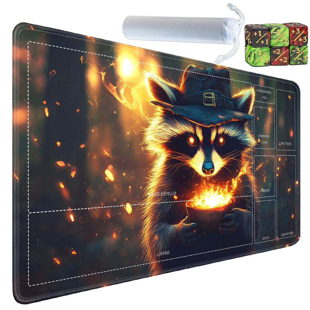 Yuxcfhjfe for MTG/TCG Playmat with Zones, 24 x 14 inches Trading Card Playmat with A Storage Bag and 6 Dice, Non-Lip Rubber Bottom Game Desk Mat, Raccoon with Fire Bowl