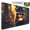 Yuxcfhjfe for MTG/TCG Playmat with Zones, 24 x 14 inches Trading Card Playmat with A Storage Bag and 6 Dice, Non-Lip Rubber Bottom Game Desk Mat, Raccoon with Fire Bowl view 1