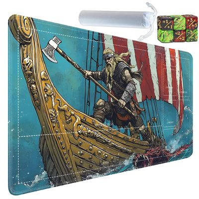 Yuxcfhjfe for MTG/TCG Playmat with Zones, 24 x 14 inches Trading Card Playmat with A Storage Bag and 6 Dice, Non-Lip Rubber Bottom Game Desk Mat, Warrior Adventure