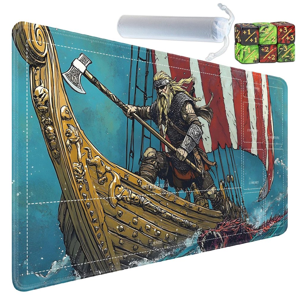 Yuxcfhjfe for MTG/TCG Playmat with Zones, 24 x 14 inches Trading Card Playmat with A Storage Bag and 6 Dice, Non-Lip Rubber Bottom Game Desk Mat, Warrior Adventure