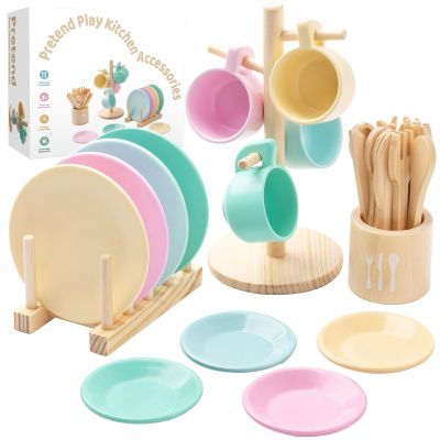 GAGAKU Kids Wooden Play Dishes Set -27Pcs Montessori Play Kitchen Accessories Plates and Bowls Set, Storage Stand & Play Food, Pretend Cooking Toys for Ages 3-5, Educational Gift for Toddler