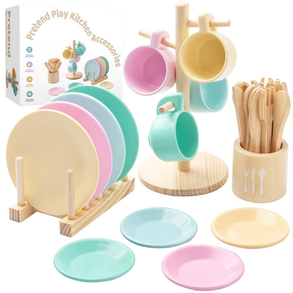 GAGAKU Kids Wooden Play Dishes Set -27Pcs Montessori Play Kitchen Accessories Plates and Bowls Set, Storage Stand & Play Food, Pretend Cooking Toys for Ages 3-5, Educational Gift for Toddler