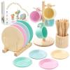 GAGAKU Kids Wooden Play Dishes Set -27Pcs Montessori Play Kitchen Accessories Plates and Bowls Set, Storage Stand & Play Food, Pretend Cooking Toys for Ages 3-5, Educational Gift for Toddler view 1