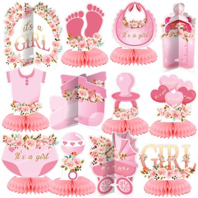 Pickmesh 12 Pcs Pink Baby Shower Decorations Honeycomb Centerpieces for Girls Floral It's a Girl Gender Reveal Table Centerpiece Party Supplies Baby Girl Pregnancy Announcement Table Topper