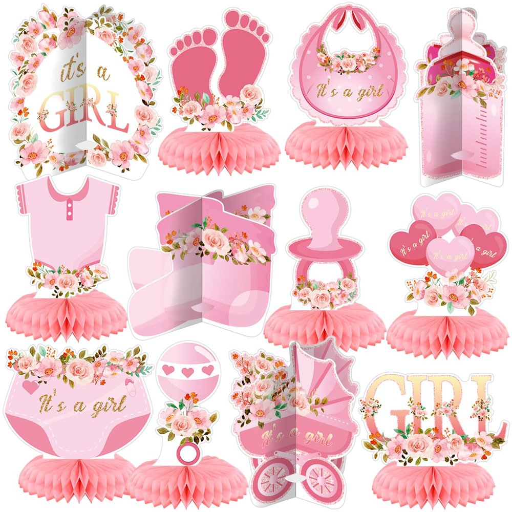 Pickmesh 12 Pcs Pink Baby Shower Decorations Honeycomb Centerpieces for Girls Floral It's a Girl Gender Reveal Table Centerpiece Party Supplies Baby Girl Pregnancy Announcement Table Topper