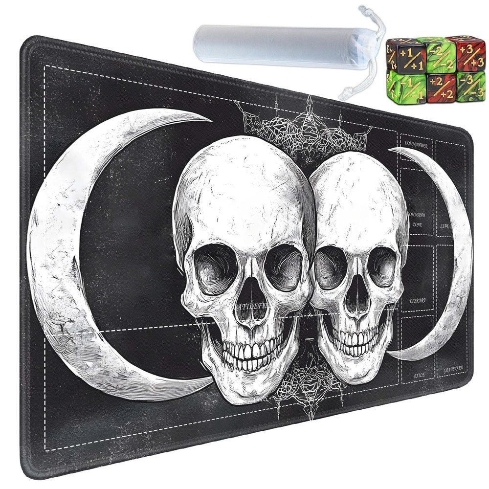 Yuxcfhjfe for MTG/TCG Playmat with Zones, 24 x 14 inches Trading Card Playmat with A Storage Bag and 6 Dice, Non-Lip Rubber Bottom Game Desk Mat, Skeleton in The Moonlight