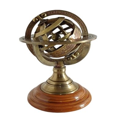 Antique Armillary Globe  5 Inch Vintage Brass Armillary Sphere with Wooden Base  Decorative Celestial Globe Model for Office, Study, and Home Dcor