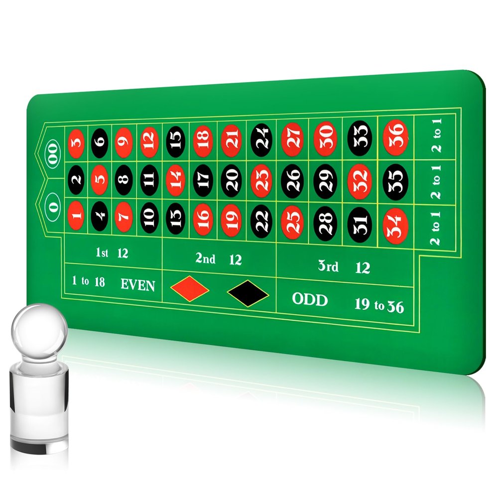 Poen Roulette Mat Tabletop Felt Layout Set Rubber Roulette Wheel Table Cover Craps Mat with Win Marker Storage Bag Casino Gift for Casino Friend Party Home Entertainment Night(Green,47.2 x 23.6 Inch)
