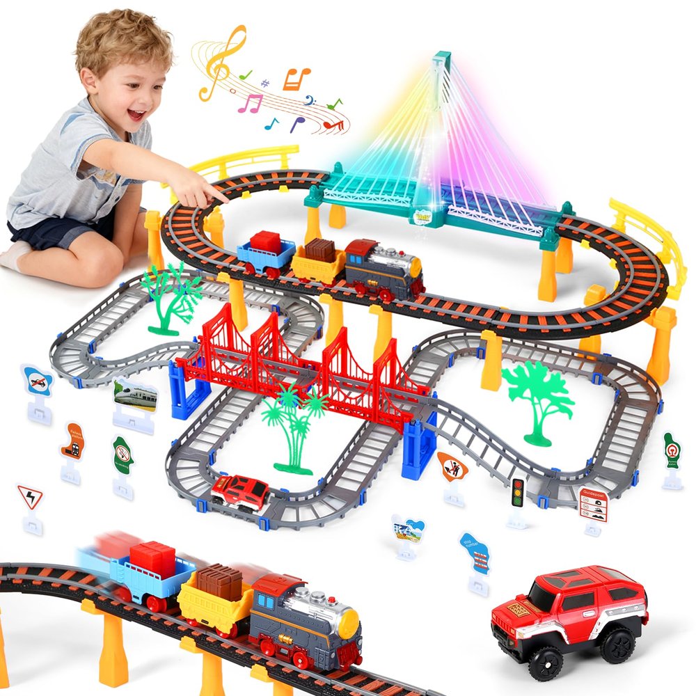 2 in 1 DIY Tracks Electric Train Set Toy for Kids Ages 4-8, Train Tracks Set & Car Tracks, Lights up Bridge and Sound Train, Road Sign Accessories Playset Toys for Boys Birthday Gifts 3 4 5 6 7 8+