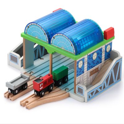SainSmart Jr. Wooden Train Track Accessories - Premium Train Station with Double-Track Tracks and Conveyor Belt Fit for All Major Brands, Ideal Gift for Aged 3+