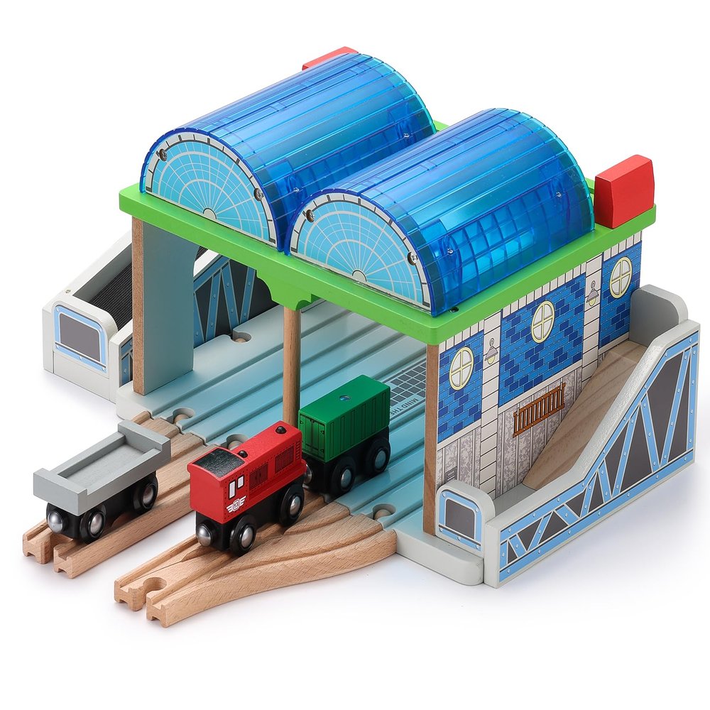 SainSmart Jr. Wooden Train Track Accessories - Premium Train Station with Double-Track Tracks and Conveyor Belt Fit for All Major Brands, Ideal Gift for Aged 3+