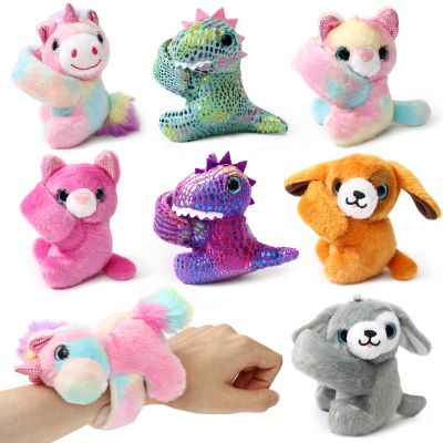 B Bascolor 8 Pack Stuffed Animal Slap Bracelets, 9 Inch Plush Unicorn Cat Dog Dinosaur Wrist Cute Snap Bracelets Bulk Toy First Day Back to School Graduation Birthday Gift for Boys Girls Party Favors