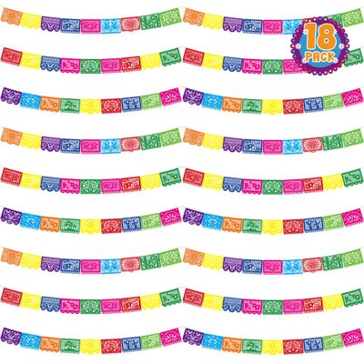 18PCS Mexican Party Decorations, 331FT Papel Picado Dia De Los Muertos, Plastic Colorful Fiesta Banner for Cinco De Mayo Party Decorations Hanging Altar de Muertos Decorations Day of the Dead Decor