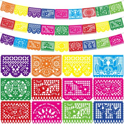 3 PCS Cinco De Mayo Decorations, Plastic Mexican Party Banner 55.2 FT Papel Picado Dia De Los Muertos, Colorful Fiesta Banner for Day of the Dead Decorations Ofrenda Decorations for Fiesta Decor