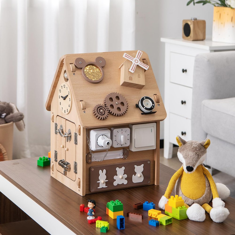 GLACER Montessori Busy House, Wooden Learning Toys w/Clock & Interior Storage Space,Early Education Busy Board for Sensory Game & Fine Motors Skills, Gift for Baby, Boys & Girls