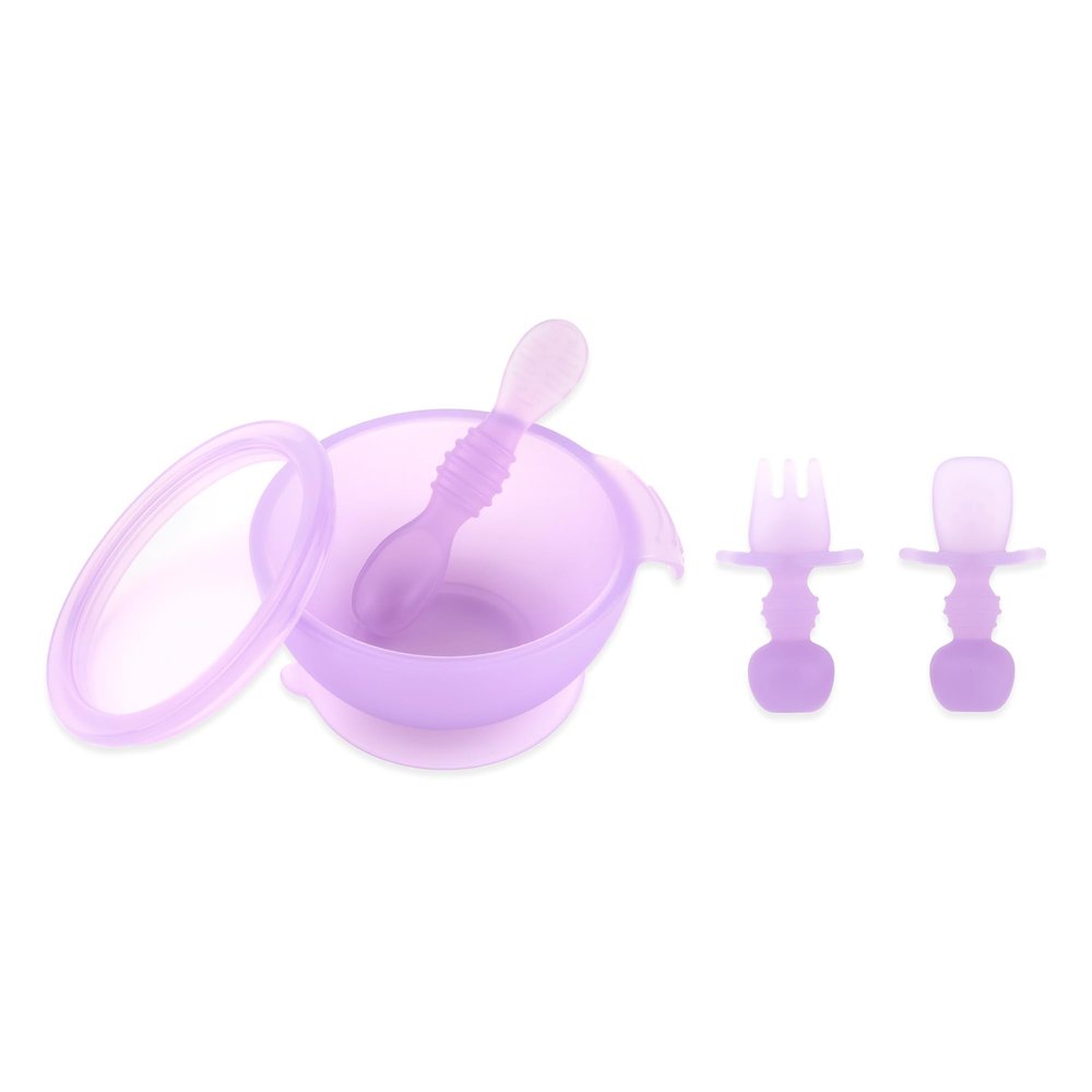 Bumkins - Jelly Silicone Bowl, Lid, Spoon, Training Chewtensils - For Ages 4 Months+ - Suction Base - 100% Food-Safe Silicone - Oven, Microwave, & Dishwasher Safe - Jelly Purple