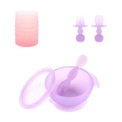 Bumkins - Jelly Silicone Bowl, Lid, Spoon, Training Chewtensils & Starter Cup - For Ages 4 Months+ - Suction Base - 100% Food-Safe Silicone - Oven, Microwave, & Dishwasher Safe - Jelly Pink & Purple