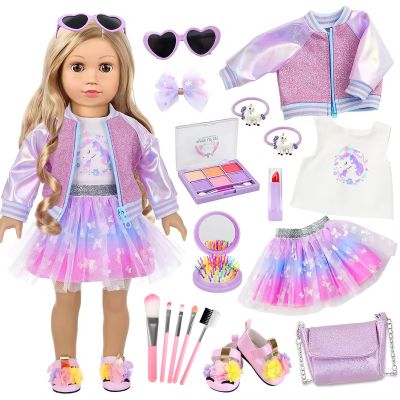 American 18 Inch Doll Makeup Accessories and Clothes Set Includes 18 Inch Doll Clothes and Shoes Bag Makeup Brush Set Foldable Haircomb Eyeshadow Lipstick Bow Hair Clip Sunglasses Hair RopeNo Dolls