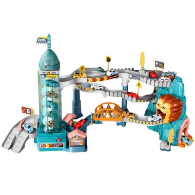 KXYLUMI Kids Rotating Car Elevator Track Set with Dual Modes, Mountain Adventure Racing Playset with Bridge and Parking Lot, Educational Building Toy for Ages 3-8