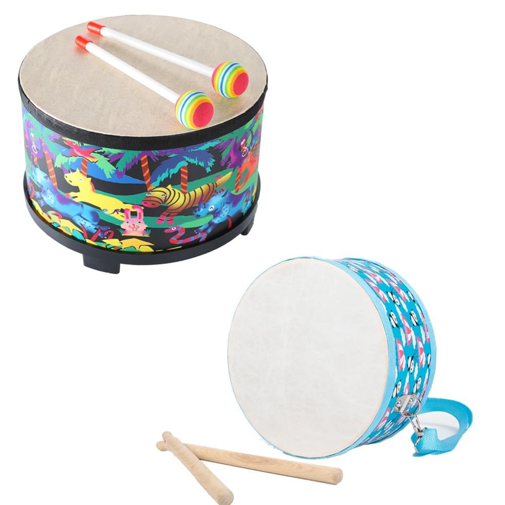 10 Inch Floor Tom Drum for Kids and 8 Inch Kids Drum with Strap: Percussion Instrument Music Drum with 2 Mallets for Baby Children Special Christmas Birthday Gift (Black and Blue)