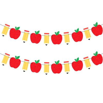 2 Pack Apple Pencil Garland Banner for Back to School Decorations, Pre-Strung Glitter Classroom Kindergarten Hanging Decor for Teacher Appreciation, First Day of School, Bulletin Board Supplies