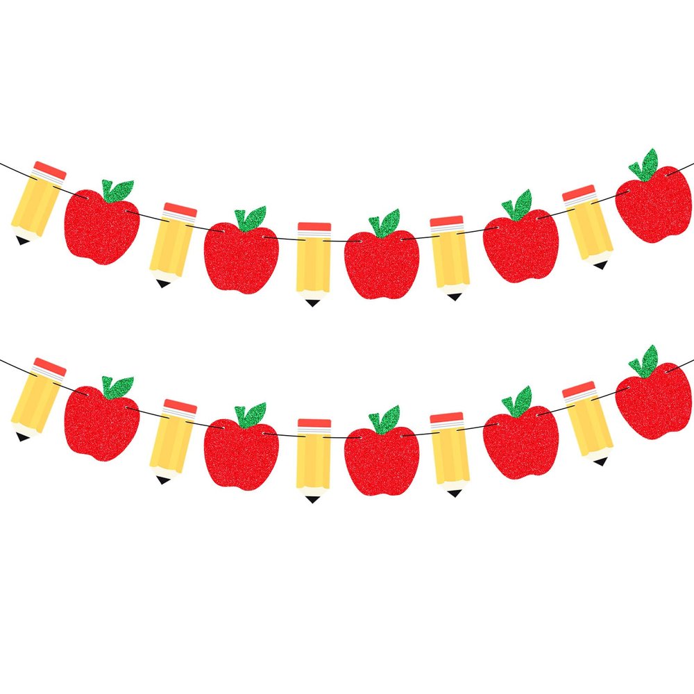 2 Pack Apple Pencil Garland Banner for Back to School Decorations, Pre-Strung Glitter Classroom Kindergarten Hanging Decor for Teacher Appreciation, First Day of School, Bulletin Board Supplies