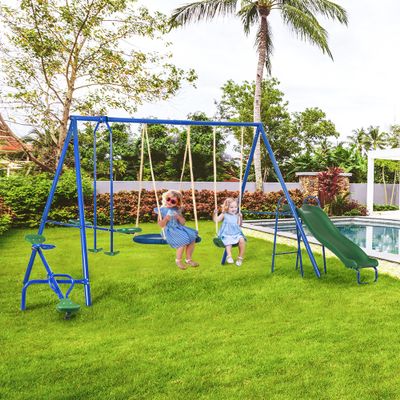 616 lbs Heavy-Duty 5-in-1 Outdoor Swing Set for Kids  A-Frame Metal Playset with Saucer Swing, Slide, Seesaw, Glider & Swing Seat  7-Child Capacity  Perfect for Backyard Play & Active Fun